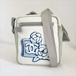 CHANEL Vintage Sport Line Camellia Crossbody Bag White Blue Gray 2000s